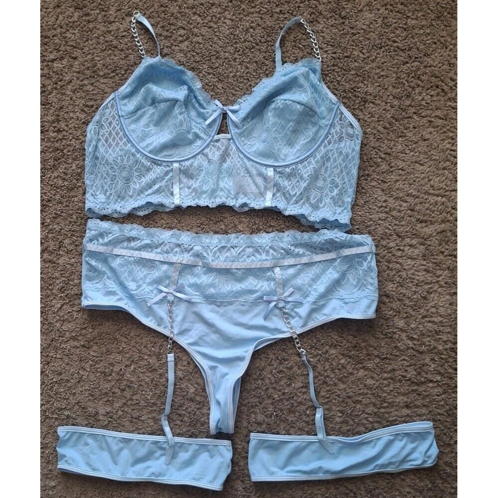 Women Longline Bralette Set Three Piece Sz 4X Lace Blue Chain Strap Underwire